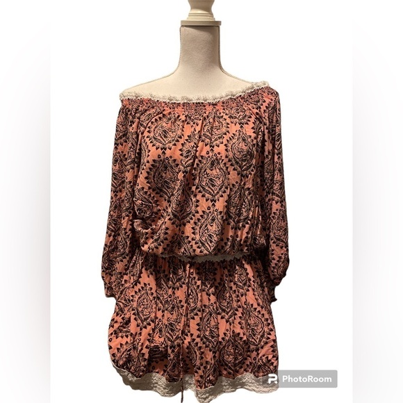 Free People Dresses & Skirts - Free People peach black cream off the shoulder dress or long tunic top large